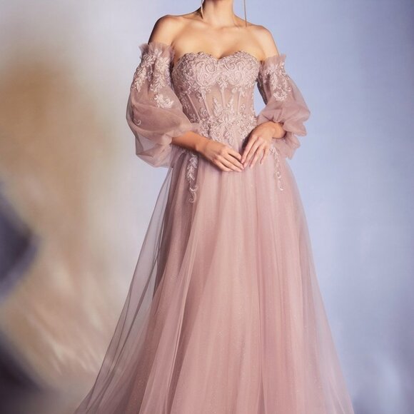 bras for formal dresses Berylove Women Dusty Rose A-Line Mother Of The Bride Dress V-Neck 3/4 Sleeve  Pleated Wedding Guest Dress With Appliques main image 1